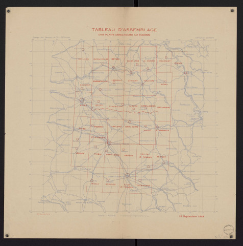 Tableau d'assemblage des plans directeurs de tir au 1/20 000. Service géographique de l'Armée (Imp. G. C. T. A. IV). 1918 
