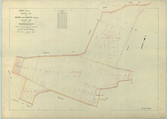 Tours-sur-Marne (51576). Section ZS échelle 1/2000, plan remembré pour 1962, extension sur Athys section ZA, plan régulier (papier armé).
