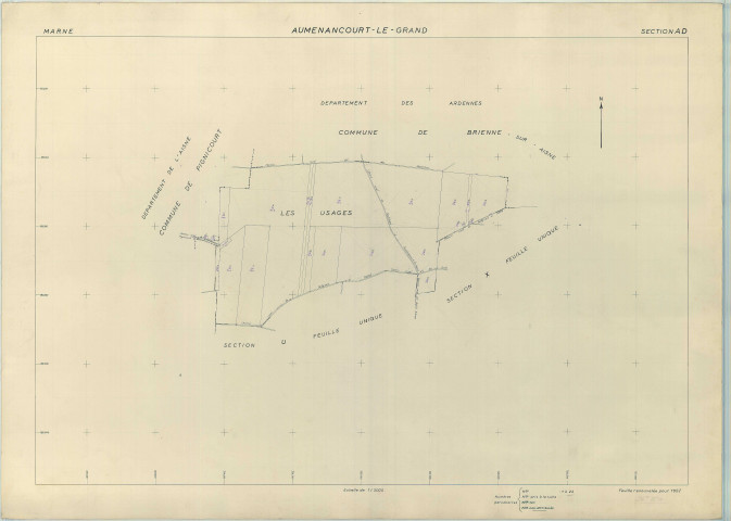 Auménancourt (51025). Section AD échelle 1/5000, plan renouvelé pour 1959, ancienne commune Aumenancourt le grand, plan régulier (papier armé).