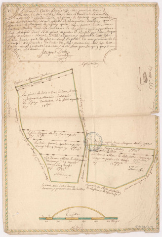 Plan et carte figuratiffe des pièces de terres et bois situés sur le terroir de La Neuville en bannoix lieudit "La Ferme de Thierache, par Jacques Dolizy, 1739.