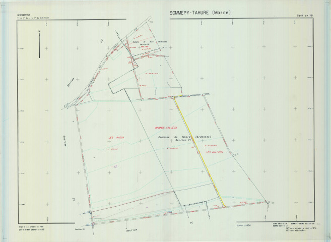 Sommepy-Tahure (51544). Section YB échelle 1/2000, plan remembré pour 1985 (extension sur Aure section ZN et Manre (Ardennes) section ZI), plan régulier (calque)