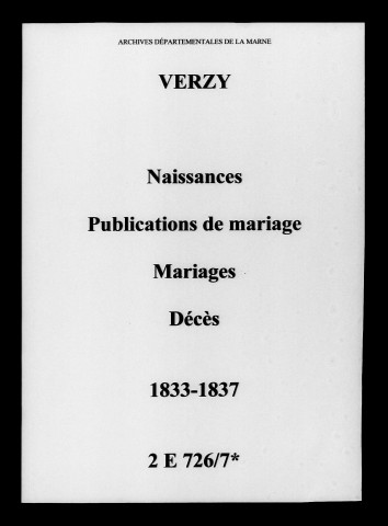 Verzy. Naissances, publications de mariage, mariages, décès 1833-1837