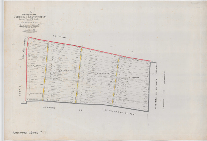 Auménancourt (51025). Section Y échelle 1/2500, plan remembré pour 1921, ancienne commune de Auménancourt-le-Grand, plan non régulier (papier).