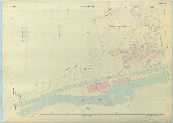Tours-sur-Marne (51576). Section AC échelle 1/1000, plan renouvelé pour 1962, plan régulier (papier armé).