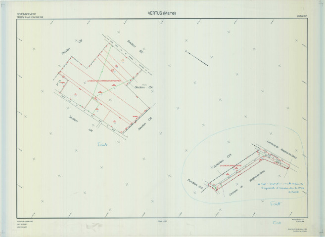 Vertus (51612). Section CA échelle 1/1000, plan remembré pour 2002 (extension sur Vertus section ZY), plan régulier (calque)