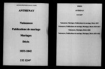 Anthenay. Naissances, publications de mariage, mariages, décès 1833-1842