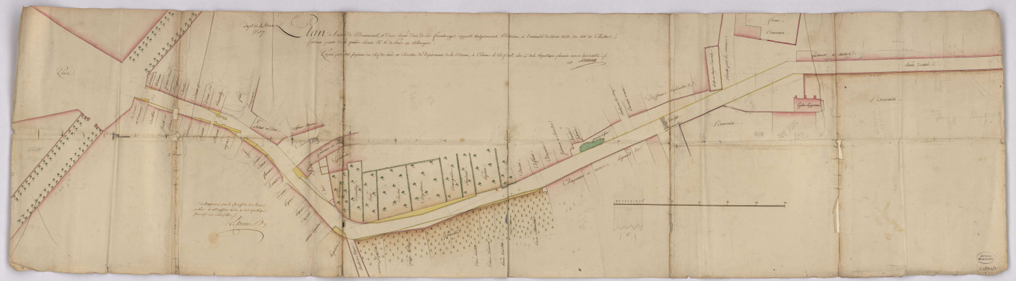 RN 33. Plan du faubourg Montléan à Montmirail. Plan d'entrée de Montmirail et d'une partie de ses faubourgs appelé vulgairement Montheleau, 1794.