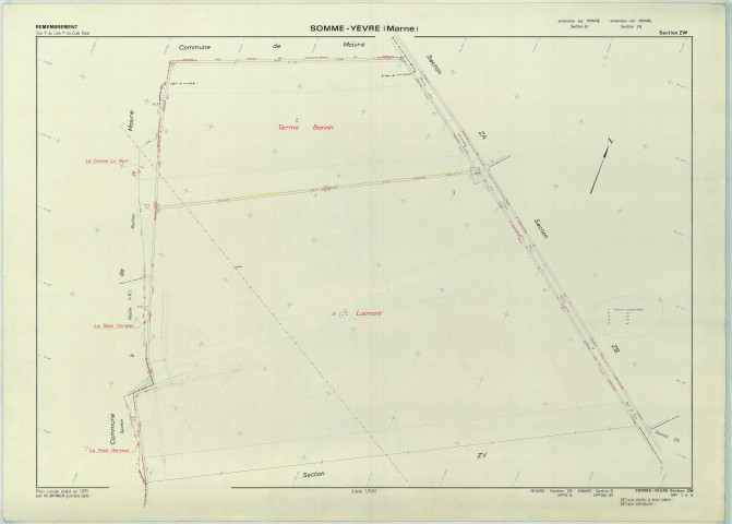Somme-Yèvre (51549). Section ZW échelle 1/2000, plan remembré pour 1970 (extension Moivre section B et ZR), plan régulier (papier armé)
