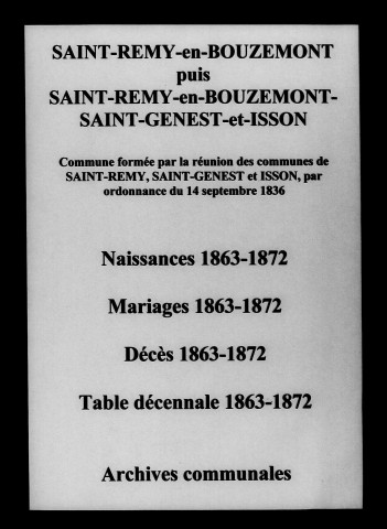 Saint-Remy-en-Bouzemont-Saint-Genest-et-Isson. Naissances, mariages, décès et tables décennales des naissances, mariages, décès 1863-1872