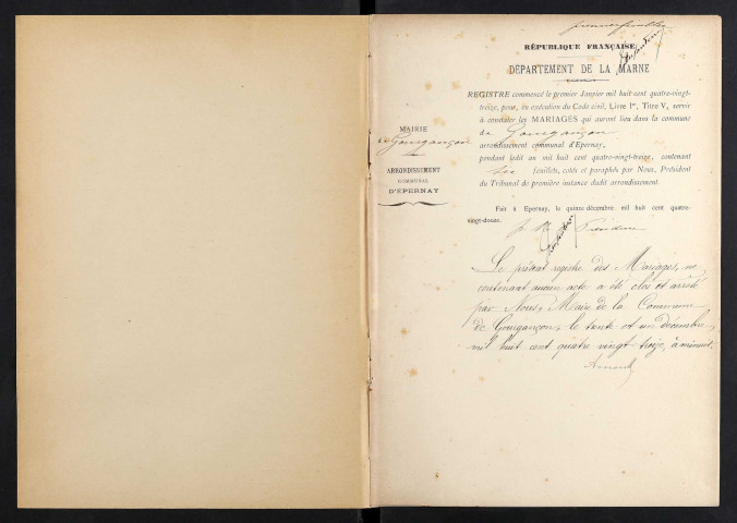 Gourgançon. Mariages 1893-1900 et 1902-1929. Décès 1901