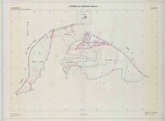 Vienne-le-Château (51621). Section ZK échelle 1/2000, plan remembré pour 1985 (extension sur section D2), plan régulier (calque)