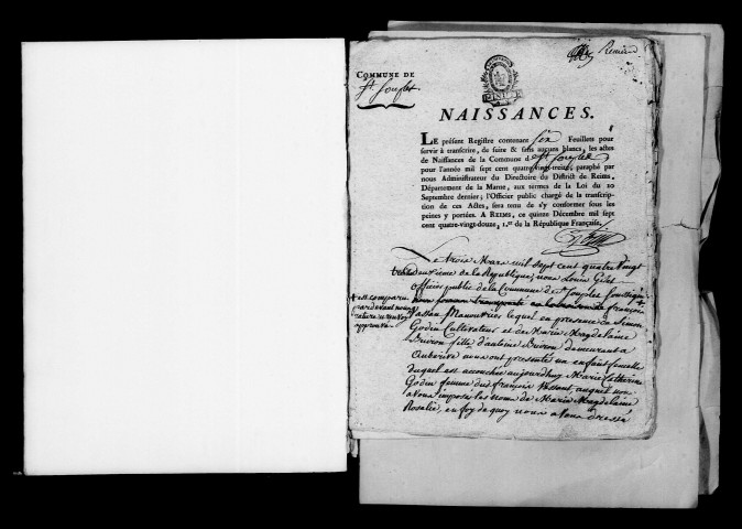 Saint-Souplet. Naissances, mariages, décès, publications de mariage 1793-an X