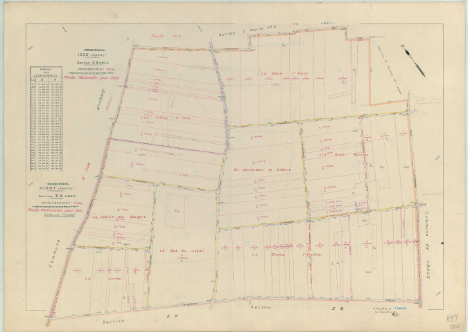 Aigny (51003). Section ZA échelle 1/2000, plan remembré pour 1958 (renouvelé pour 1960), plan régulier (papier armé)