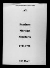 Ay. Baptêmes, mariages, sépultures 1723-1736