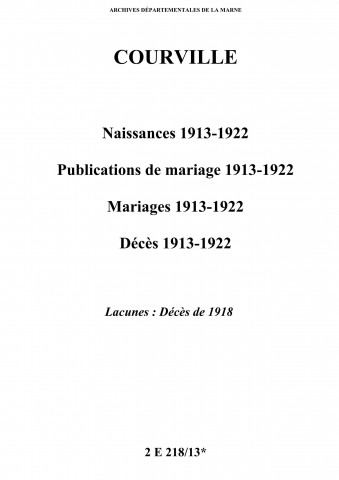 Courville. Naissances, publications de mariage, mariages, décès 1913-1922
