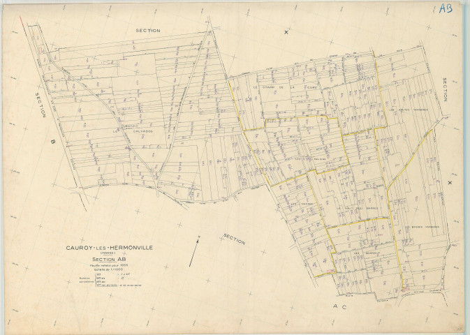 Cauroy-lès-Hermonville (51102). Section AB échelle 1/1000, plan refait pour 1955, plan régulier (papier).