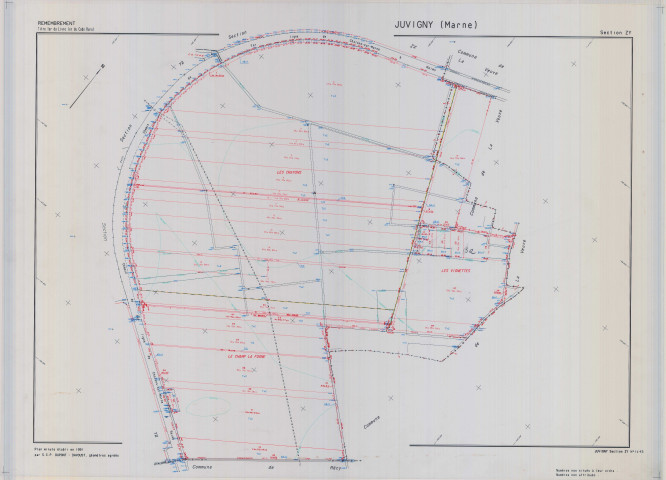 Juvigny (51312). Section ZY échelle 1/2000, plan remembré pour 1991, plan régulier (calque)