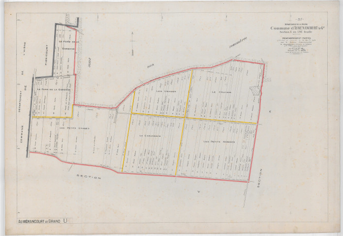 Auménancourt (51025). Section U échelle 1/2500, plan remembré pour 1921, ancienne commune de Auménancourt-le-Grand, plan régulier (papier).