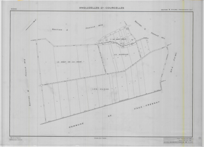 Angluzelles-et-Courcelles (51010). Section X2 1 échelle 1/2000, plan remembré pour 01/01/1987, régulier avant 20/03/1980 (calque)