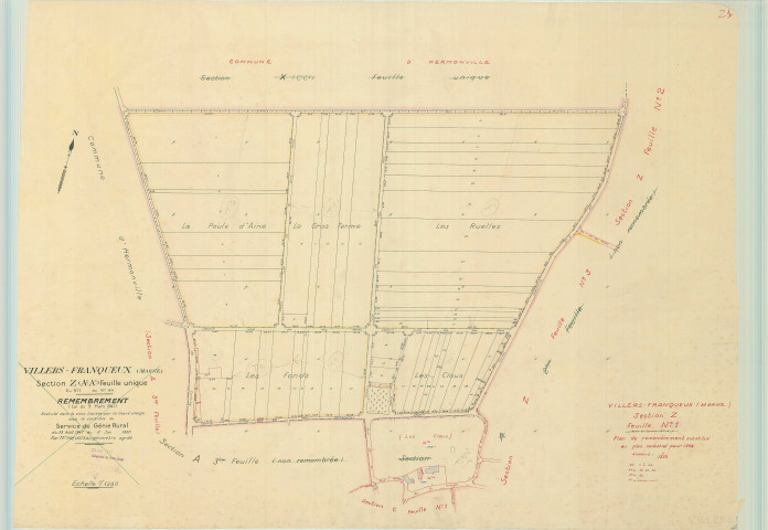 Villers-Franqueux (51633). Section Z1 échelle 1/1250, plan remembré pour 1954, plan régulier (papier).