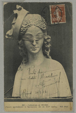 REIMS. 269 - Cathédrale de Figure symbolisant la synagogue (fin du XIIIe siècle).