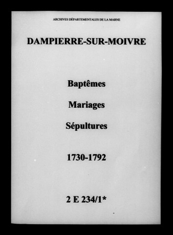 Dampierre-sur-Moivre. Baptêmes, mariages, sépultures 1730-1792