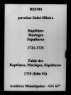 Reims. Saint-Hilaire. Baptêmes, mariages, sépultures, tables des baptêmes, mariages, sépultures 1721-1725
