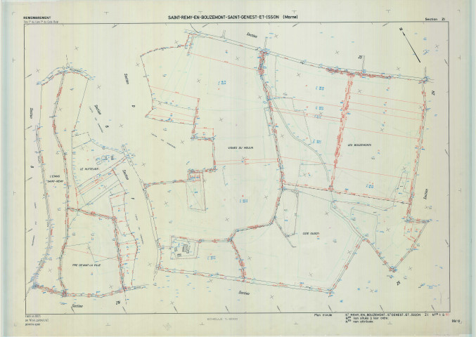Saint-Remy-en-Bouzemont-Saint-Genest-et-Isson (51513). Section ZI échelle 1/2000, plan remembré pour 1985, plan régulier (calque)
