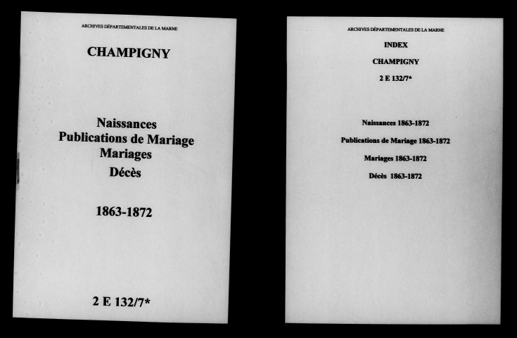 Champigny. Naissances, publications de mariage, mariages, décès 1863-1872
