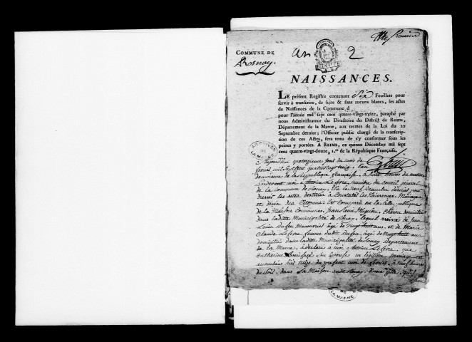 Rosnay. Naissances, mariages, décès, publications de mariage 1793-an X