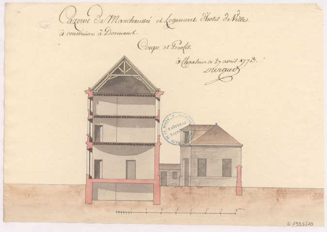 Caserne de maréchaussée et logement Hôtel de ville à construire à Dormans. Coupe et profil, 1773.