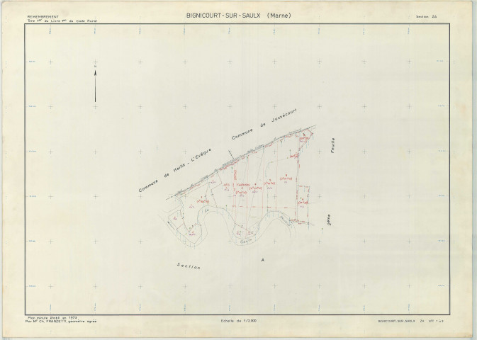Bignicourt-sur-Saulx (51060). Section ZA échelle 1/2000, plan remembré pour 1973, plan régulier (papier armé)