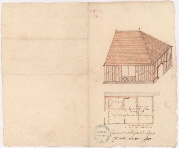 Plan et élévation du bâtiment de l'auditoire du village de Chaumuzy (1661)