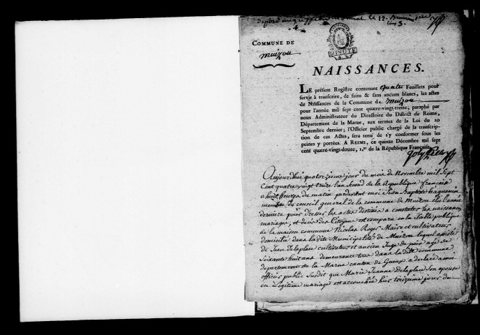 Muizon. Naissances, mariages, décès, publications de mariage 1793-an X