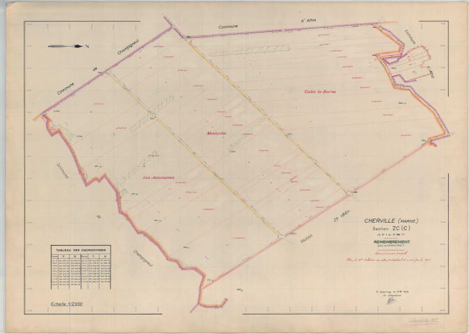 Cherville (51150). Section ZC échelle 1/2000, plan remembré pour 1961, plan régulier (papier armé)