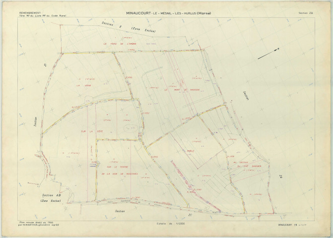 Minaucourt-le-Mesnil-lès-Hurlus (51368). Section ZB échelle 1/2000, plan remembré pour 1966, plan régulier (papier armé)