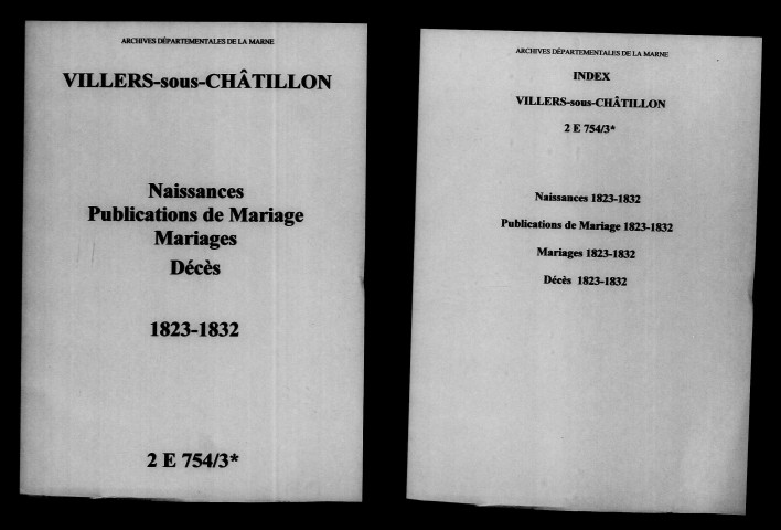 Villers-sous-Châtillon. Naissances, publications de mariage, mariages, décès 1823-1832