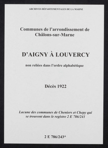 Communes d'Aigny à Louvercy de l'arrondissement de Châlons. Décès 1922