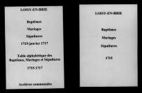 Loisy-en-Brie. Baptêmes, mariages, sépultures et tables de baptêmes, mariages, sépultures 1715-1717