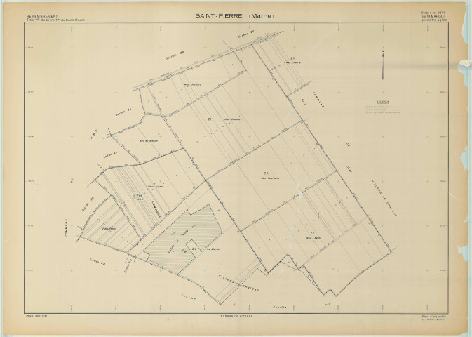 Saint-Pierre (51509). Tableau d'assemblage échelle 1/5000, plan remembré pour 1971 (feuille 2), plan régulier (papier)