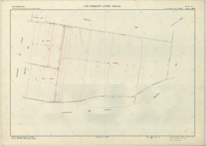 Grandes-Loges (Les) (51278). Section ZL échelle 1/2000, plan remembré pour 1966 (extension sur Vraux section ZM), plan régulier (papier armé)