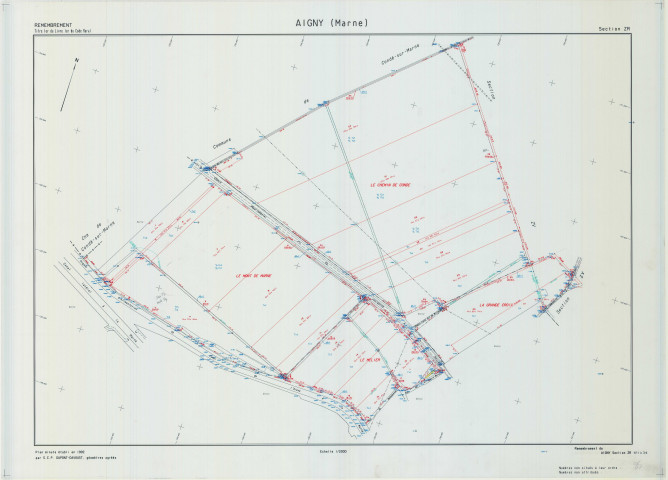Aigny (51003). Section ZR échelle 1/2000, plan remembré pour 1992, plan régulier (calque)