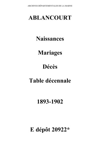 Ablancourt. Naissances, mariages, décès et tables décennales des naissances, mariages, décès 1893-1902