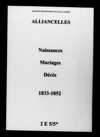Alliancelles. Naissances, mariages, décès 1833-1852