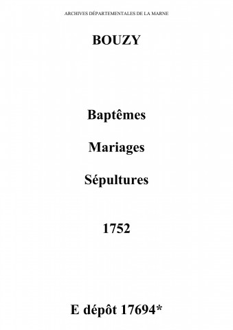 Bouzy. Baptêmes, mariages, sépultures 1752