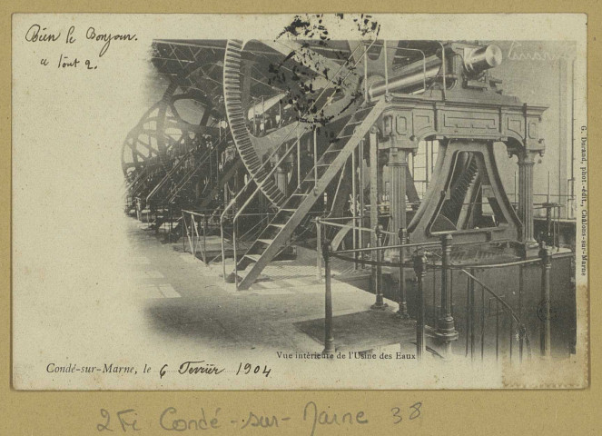 CONDÉ-SUR-MARNE. Vue intérieure de l'usine des eaux / G. Durand, photographe. Châlons-sur-Marne Édition G. Durand. [vers 1904] 