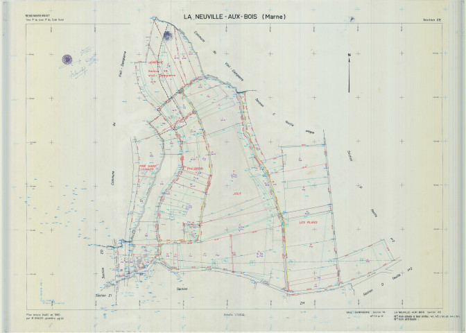 Neuville-aux-Bois (La) (51397). Section ZE échelle 1/2000, plan remembré pour 1980 (extension sur Vieil-Dampierre section YA), plan régulier (calque)