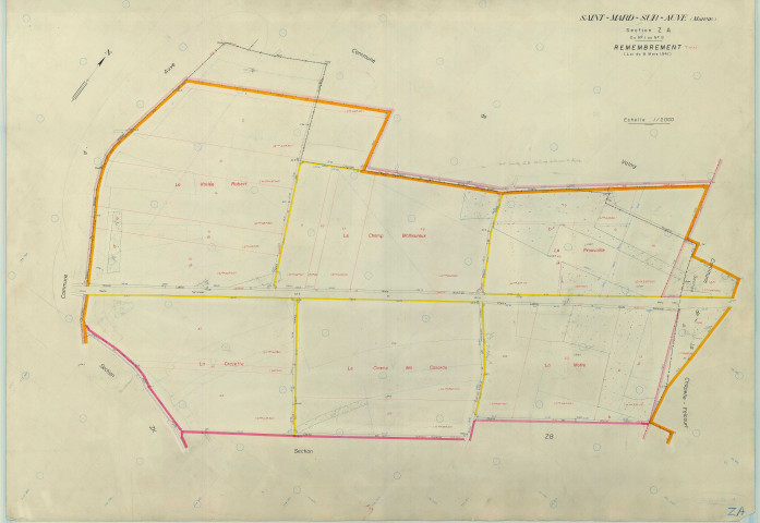 Saint-Mard-sur-Auve (51498). Section ZA échelle 1/2000, plan remembré pour 1968, plan régulier (papier armé)
