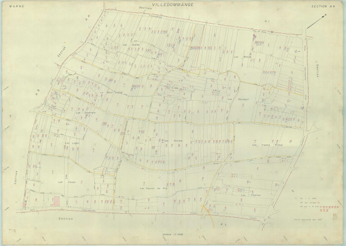 Ville-Dommange (51622). Section AK échelle 1/1000, plan renouvelé pour 1963, plan régulier (papier armé).