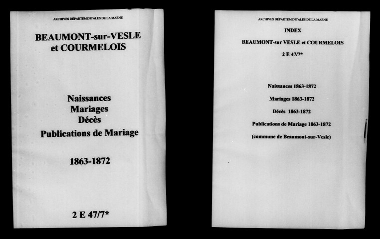 Beaumont-sur-Vesle. Naissances, mariages, décès, publications de mariage 1863-1872